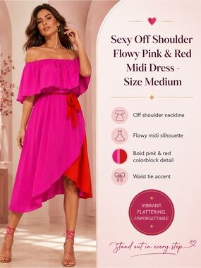 Sexy Off Shoulder Flowy Pink & Red Midi Dress - Size Medium